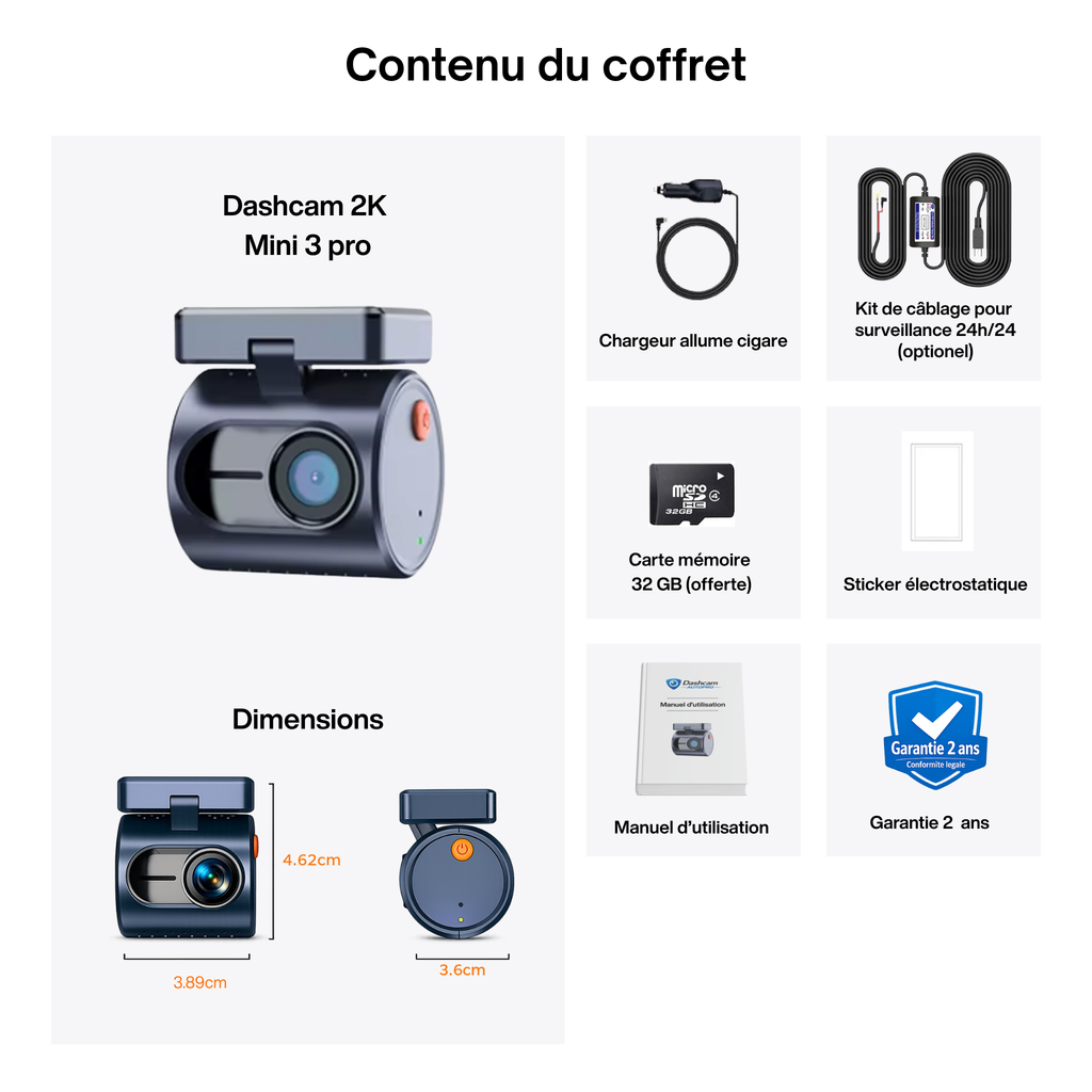 Dashcam 2K Mini 3 pro, Caméra pour voiture DVR - Surveillance de stationnement 24h/24, Commande vocale, Vision Nocturne