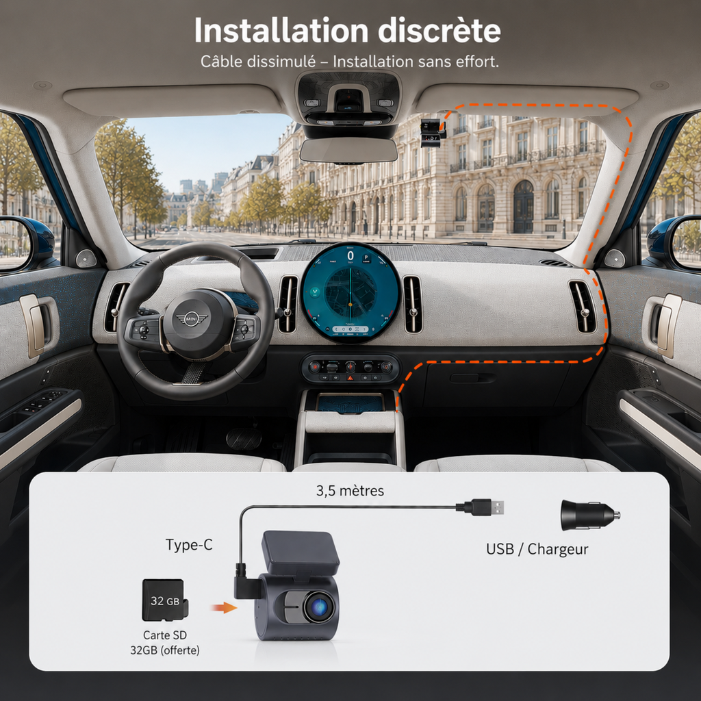 Dashcam 2K Mini 3 pro, Caméra pour voiture DVR - Surveillance de stationnement 24h/24, Commande vocale, Vision Nocturne