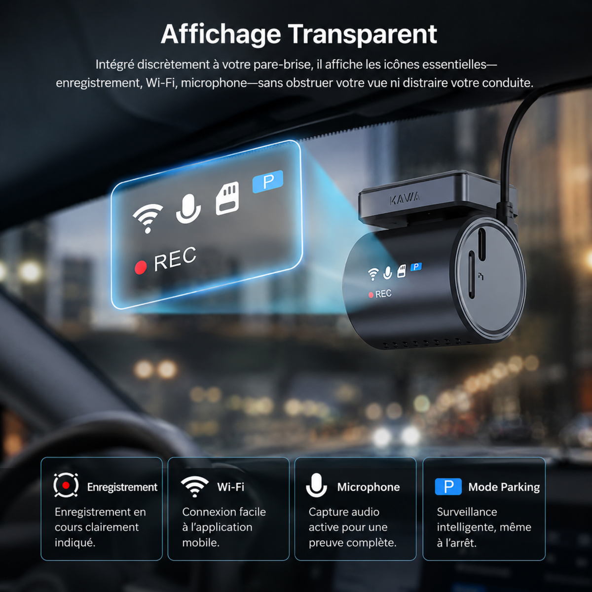 Dashcam 2K Mini 3 pro, Caméra pour voiture DVR - Surveillance de stationnement 24h/24, Commande vocale, Vision Nocturne