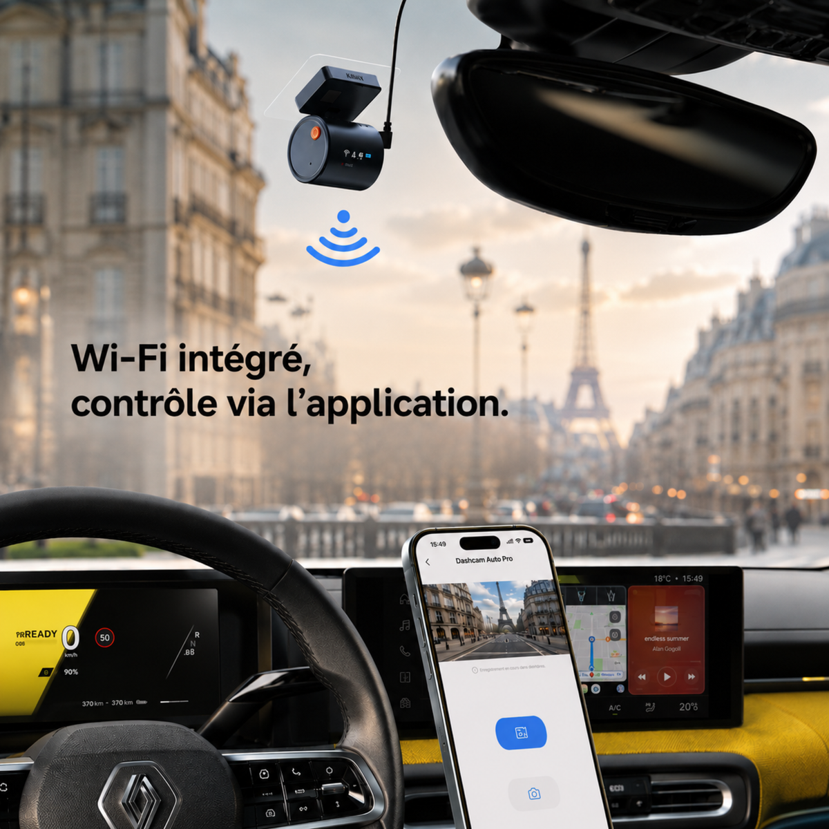 Dashcam 2K Mini 3 pro, Caméra pour voiture DVR - Surveillance de stationnement 24h/24, Commande vocale, Vision Nocturne
