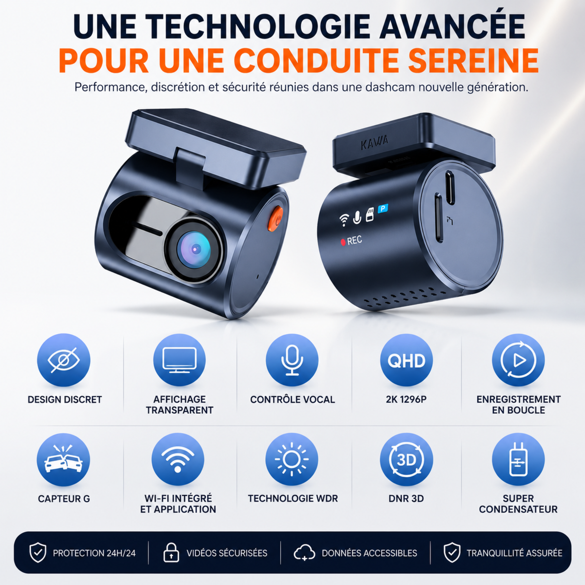Dashcam 2K Mini 3 pro, Caméra pour voiture DVR - Surveillance de stationnement 24h/24, Commande vocale, Vision Nocturne