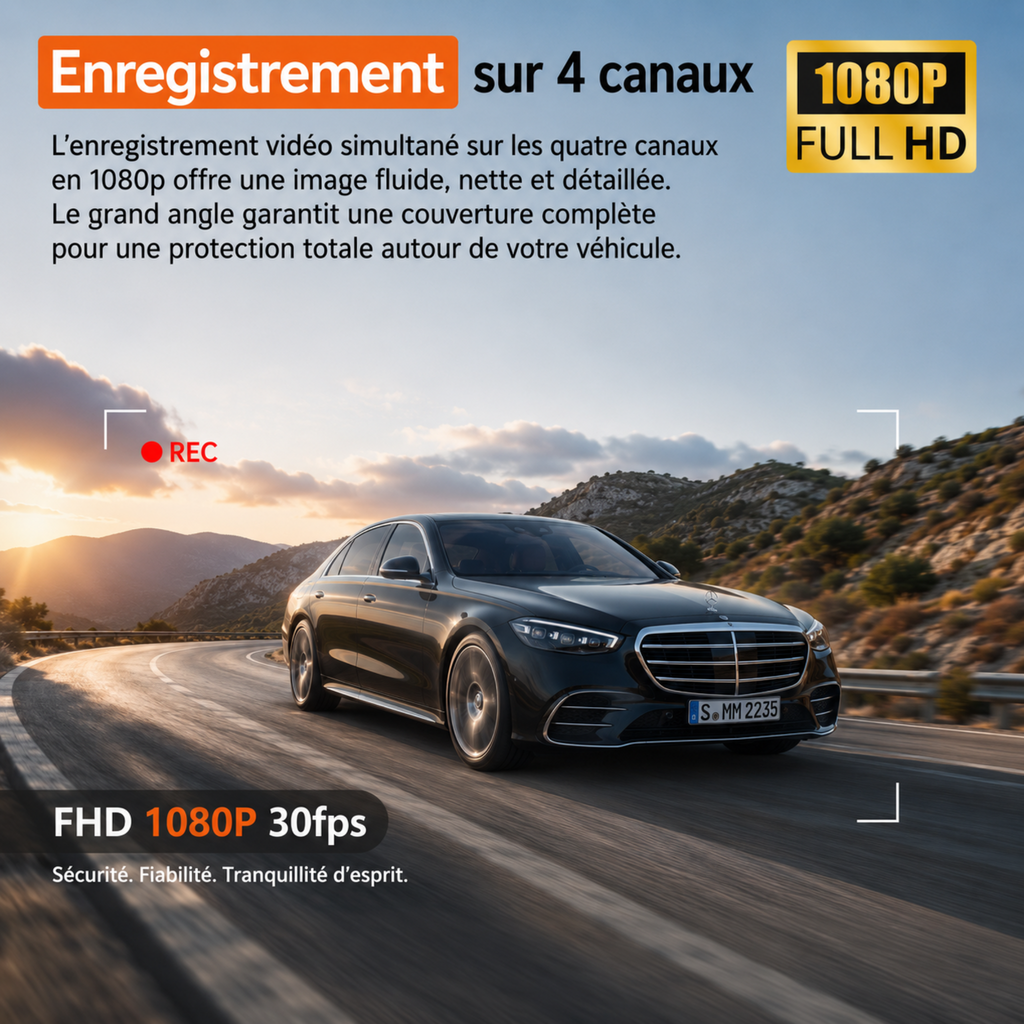 Dashcam 1080P pour voiture, 4 Caméras - Wifi, Surveillance de stationnement 24h/24, Vision Nocturne, Grand Angle 170° - Dashcam VTC