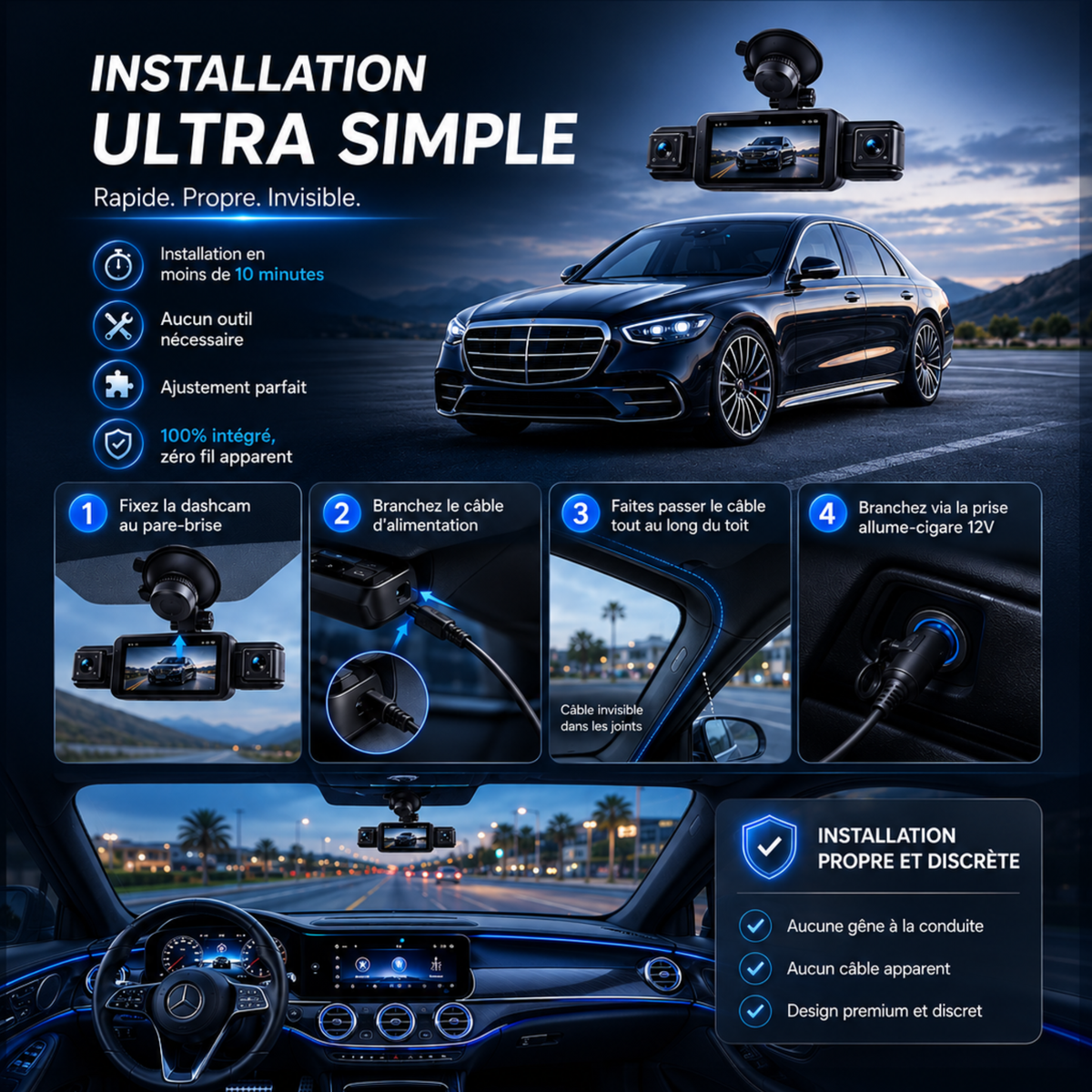 Dashcam 1080P pour voiture, 4 Caméras - Wifi, Surveillance de stationnement 24h/24, Vision Nocturne, Grand Angle 170° - Dashcam VTC