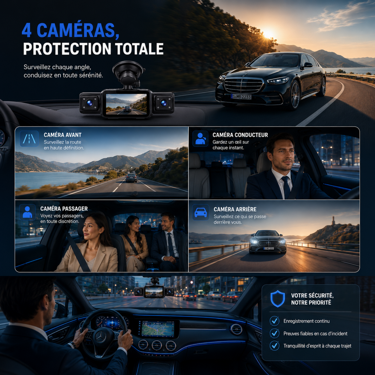 Dashcam 1080P pour voiture, 4 Caméras - Wifi, Surveillance de stationnement 24h/24, Vision Nocturne, Grand Angle 170° - Dashcam VTC