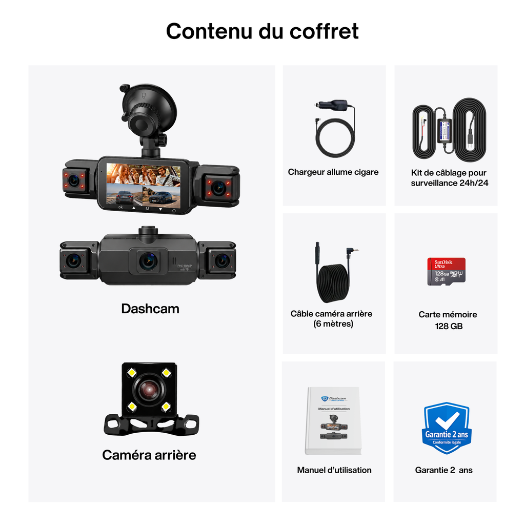 Dashcam 1080P pour voiture, 4 Caméras - Wifi, Surveillance de stationnement 24h/24, Vision Nocturne, Grand Angle 170° - Dashcam VTC