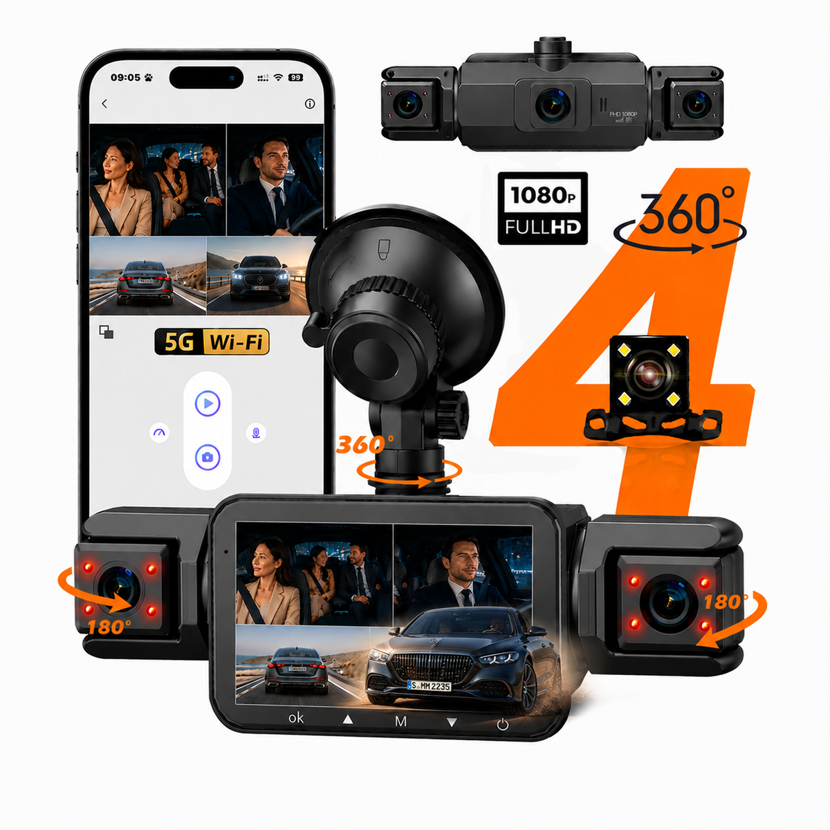 Dashcam 1080P pour voiture, 4 Caméras - Wifi, Surveillance de stationnement 24h/24, Vision Nocturne, Grand Angle 170° - Dashcam VTC