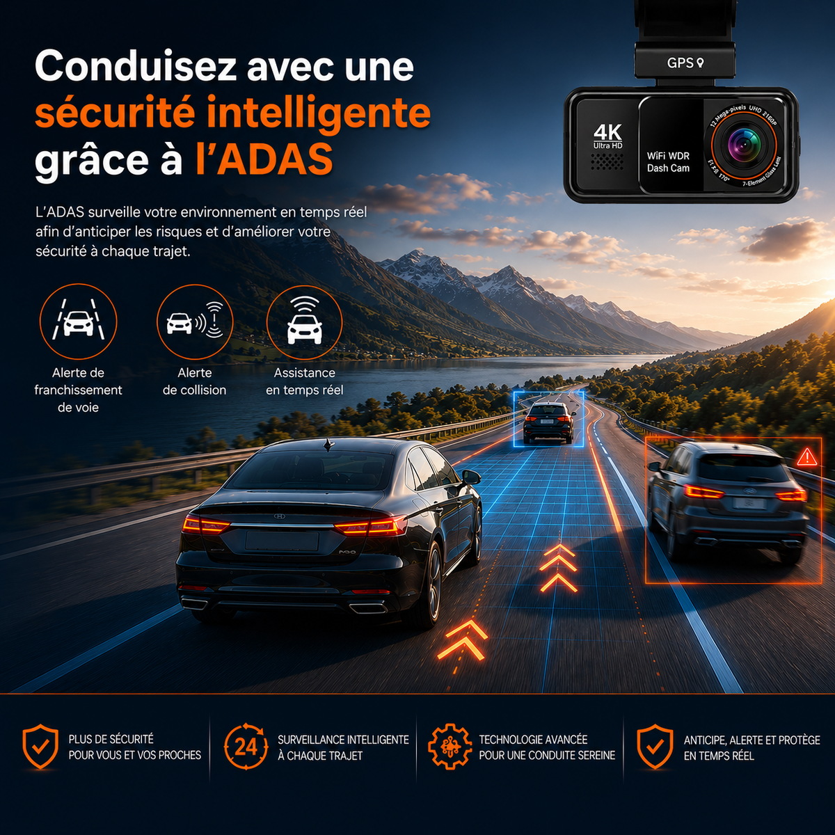 Dashcam 4k UHD pour voiture, Caméra Avant/Arrière - GPS, Wifi, Surveillance de stationnement 24h/24, Vision Nocturne, Grand Angle 170° - XP900