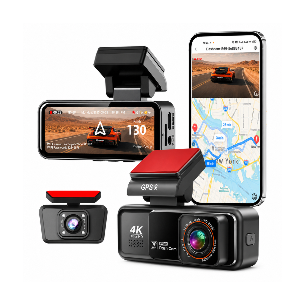 Dashcam 4k UHD pour voiture, Caméra Avant/Arrière - GPS, Wifi, Surveillance de stationnement 24h/24, Vision Nocturne, Grand Angle 170° - XP900