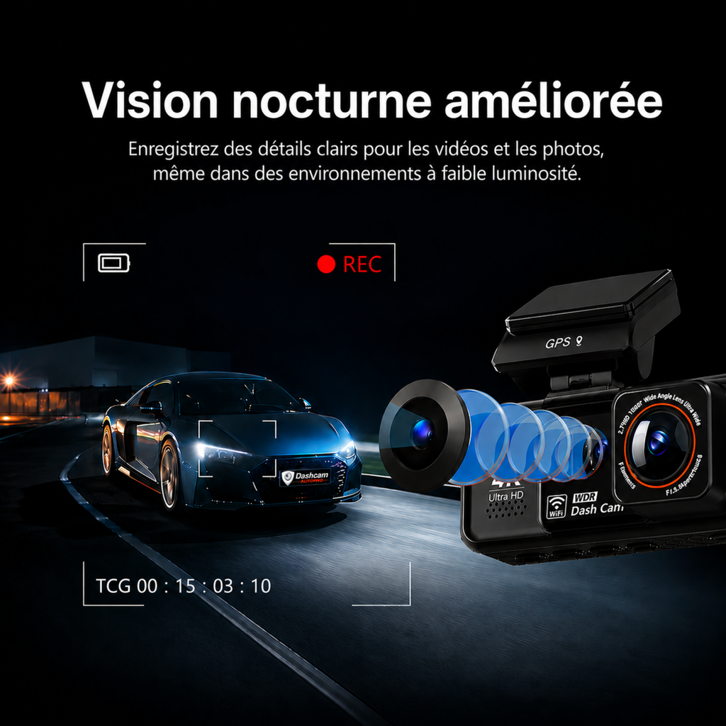 Dashcam 4k UHD pour voiture, Caméra Avant/Arrière - GPS, Wifi, Surveillance de stationnement 24h/24, Vision Nocturne, Grand Angle 170° - XP900