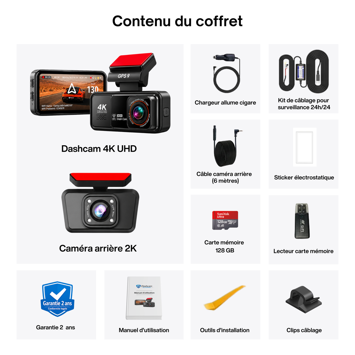 Dashcam 4k UHD pour voiture, Caméra Avant/Arrière - GPS, Wifi, Surveillance de stationnement 24h/24, Vision Nocturne, Grand Angle 170° - XP900