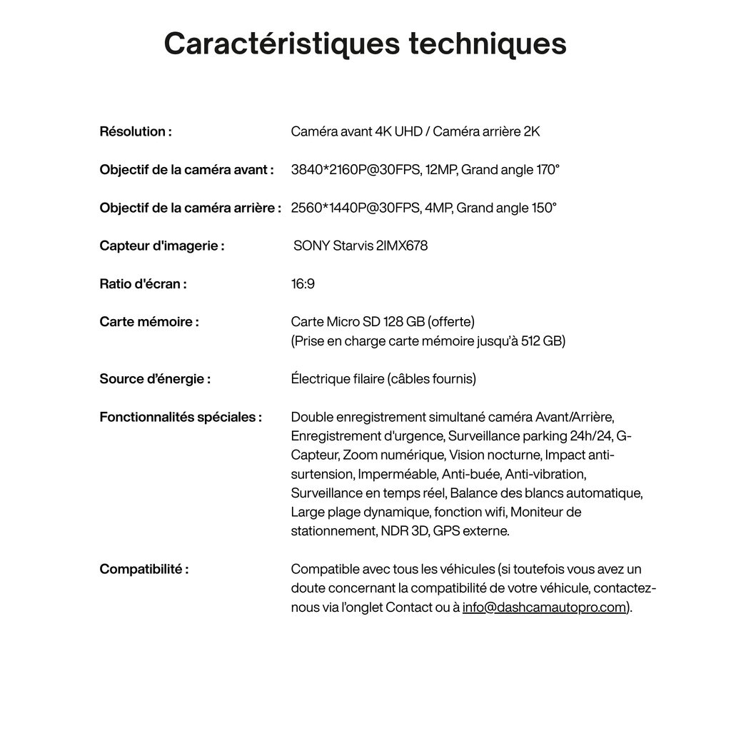 Dashcam 4k UHD pour voiture, Caméra Avant/Arrière - GPS, Wifi, Surveillance de stationnement 24h/24, Vision Nocturne, Grand Angle 170° - XP900