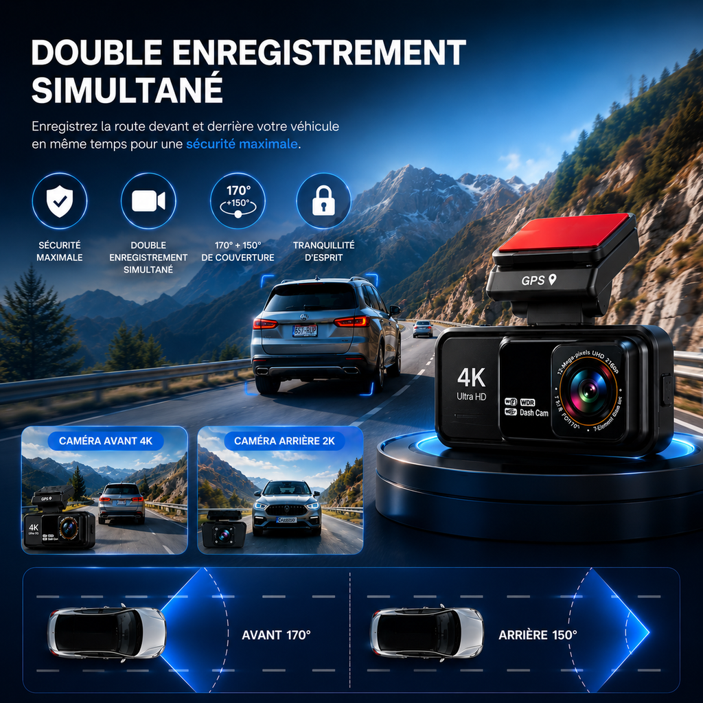 Dashcam 4k UHD pour voiture, Caméra Avant/Arrière - GPS, Wifi, Surveillance de stationnement 24h/24, Vision Nocturne, Grand Angle 170° - XP900