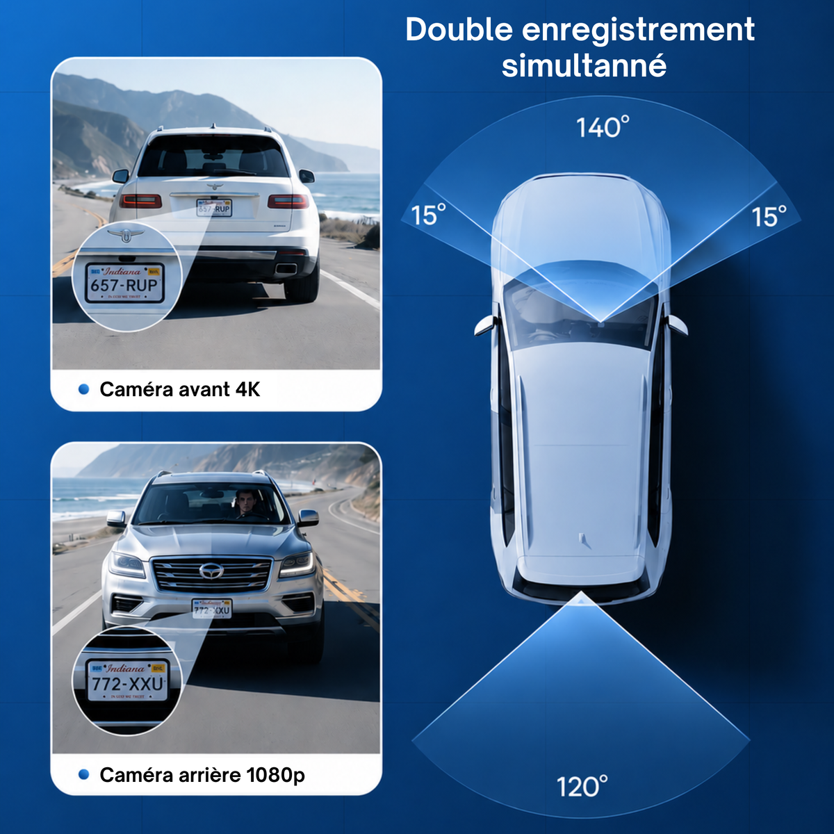 Dashcam 4k UHD pour voiture, Caméra Avant/Arrière - GPS, Wifi, Surveillance de stationnement 24h/24, Vision Nocturne, Grand Angle 170° - XP500