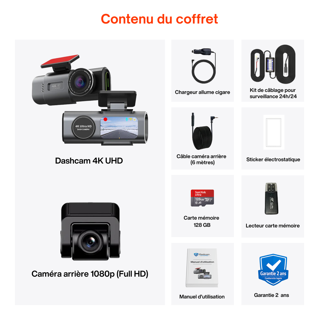 Dashcam 4k UHD pour voiture, Caméra Avant/Arrière - GPS, Wifi, Surveillance de stationnement 24h/24, Vision Nocturne, Grand Angle 170° - XP500