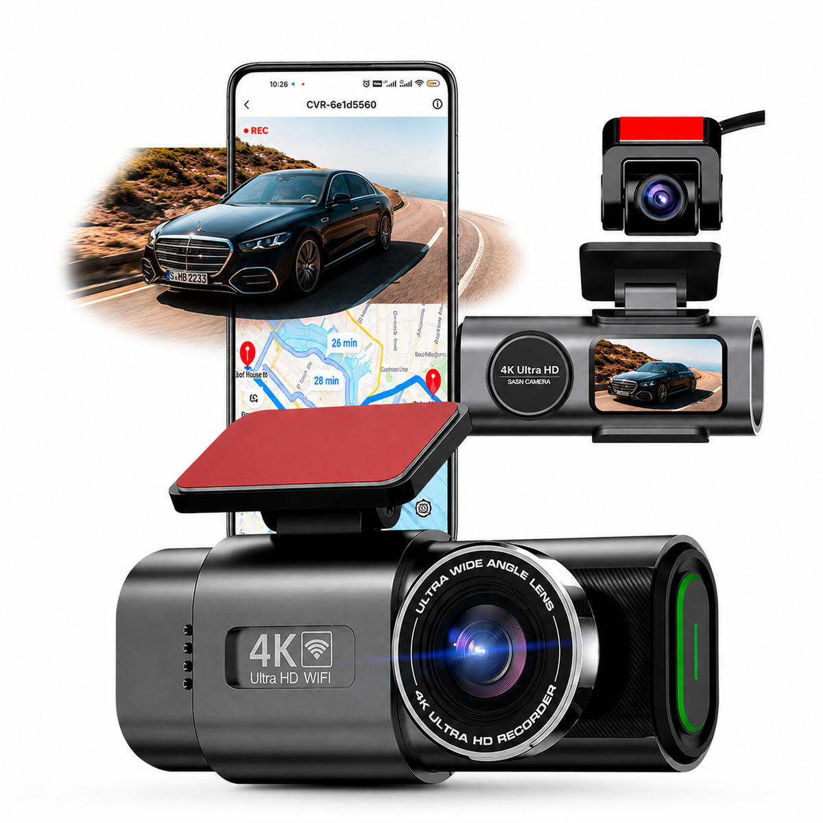 Dashcam 4k UHD pour voiture, Caméra Avant/Arrière - GPS, Wifi, Surveillance de stationnement 24h/24, Vision Nocturne, Grand Angle 170° - XP500