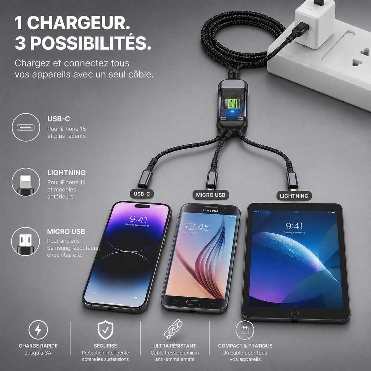 Câble USB vers USB C/Lightning/Micro USB - Chargeur rapide 3 en 1 / 1.2 mètre