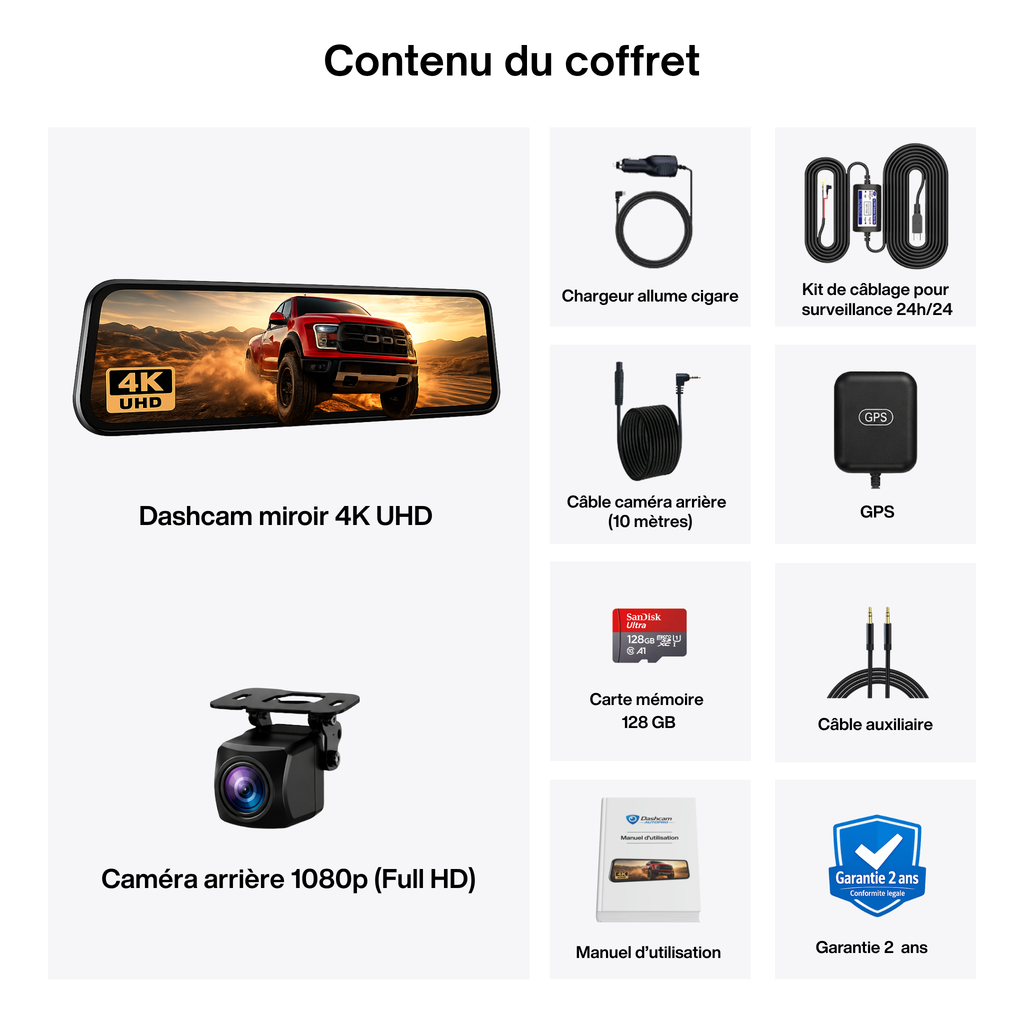 Dashcam rétroviseur tactile 4K, Caméra Avant/Arrière - Carplay, Surveillance de stationnement 24h/24, Vision Nocturne