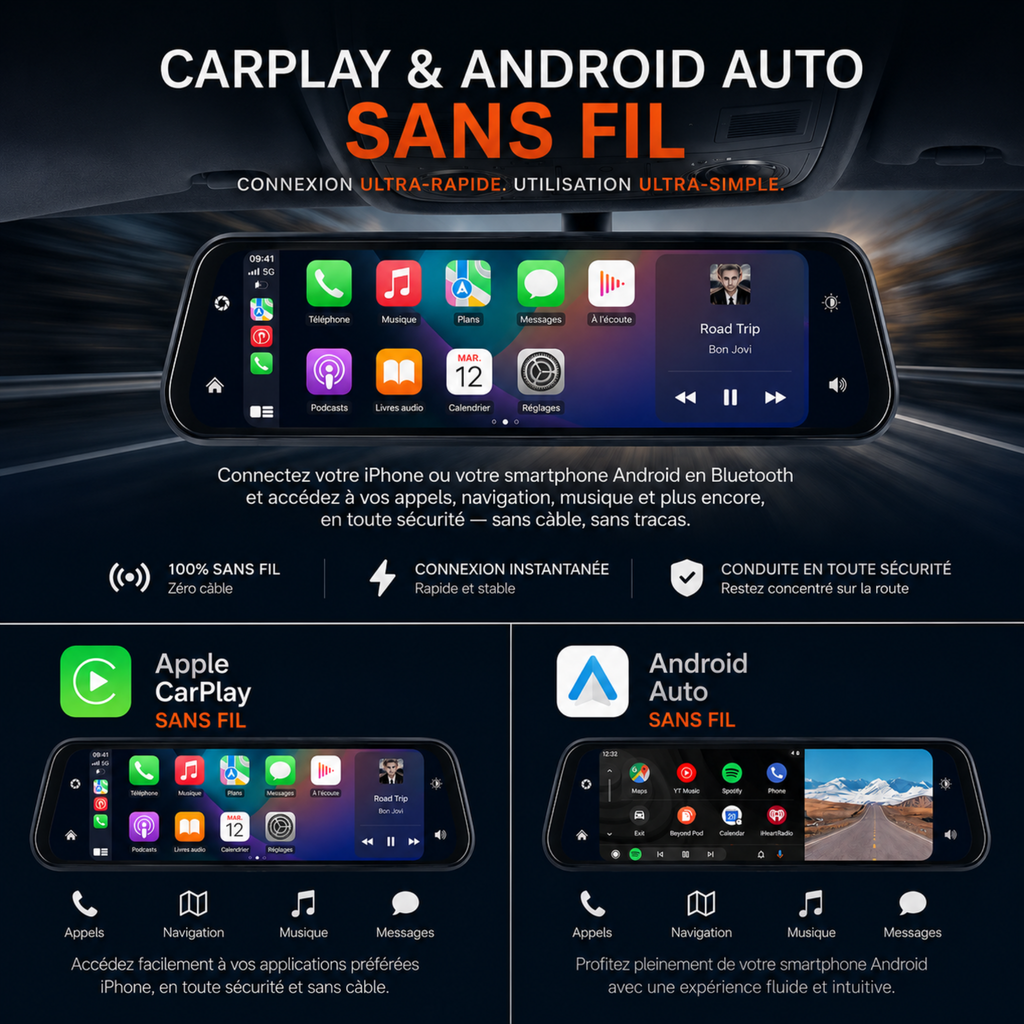 Dashcam rétroviseur tactile 4K, Caméra Avant/Arrière - Carplay, Surveillance de stationnement 24h/24, Vision Nocturne