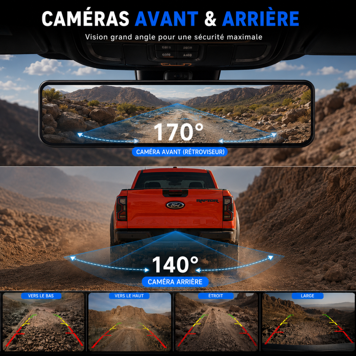 Dashcam rétroviseur tactile 4K, Caméra Avant/Arrière - Carplay, Surveillance de stationnement 24h/24, Vision Nocturne
