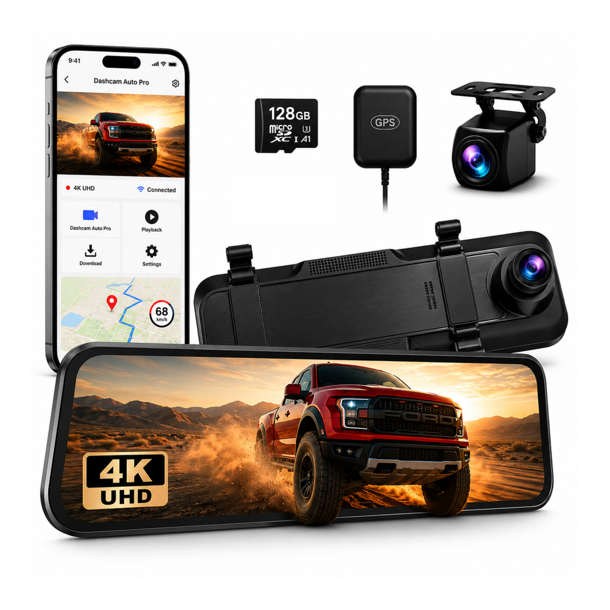 Dashcam rétroviseur tactile 4K, Caméra Avant/Arrière - Carplay, Surveillance de stationnement 24h/24, Vision Nocturne
